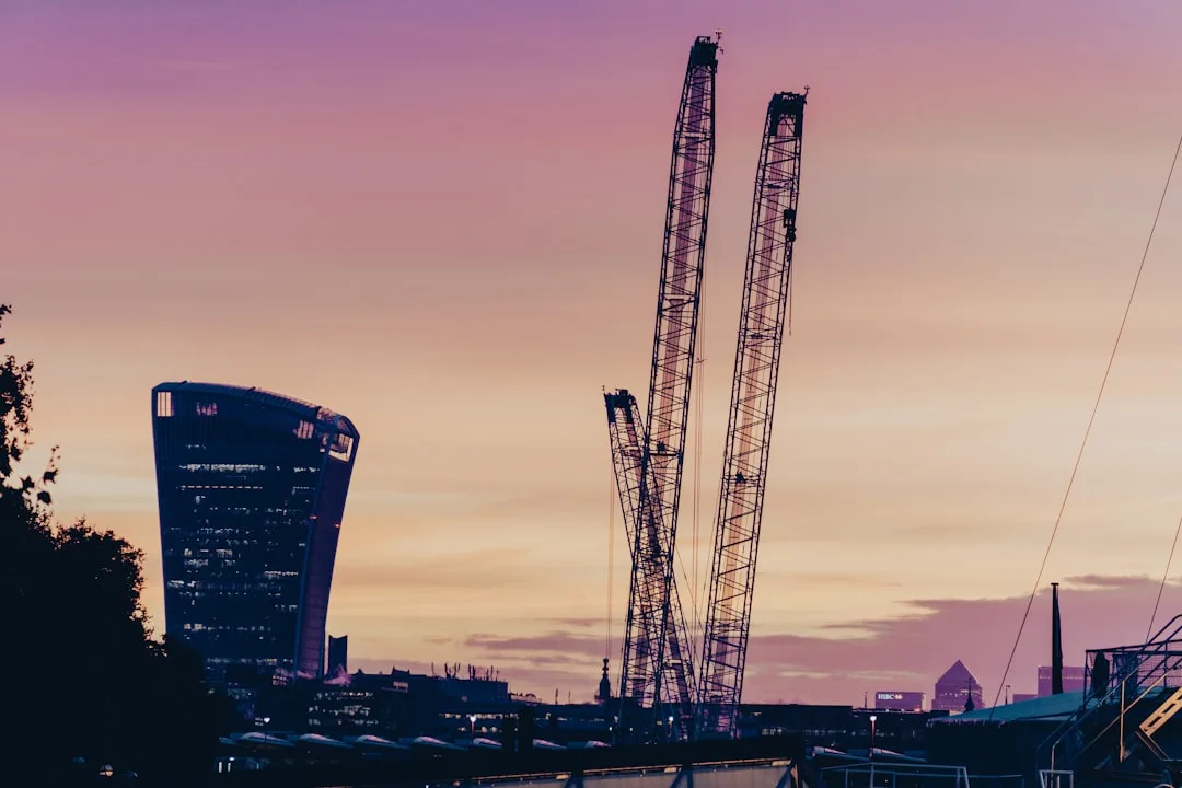 Cranes on the London skyline at sunset